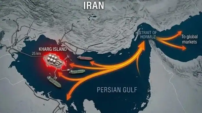Map showing Kharg Island and the Strait of Hormuz in the Persian Gulf