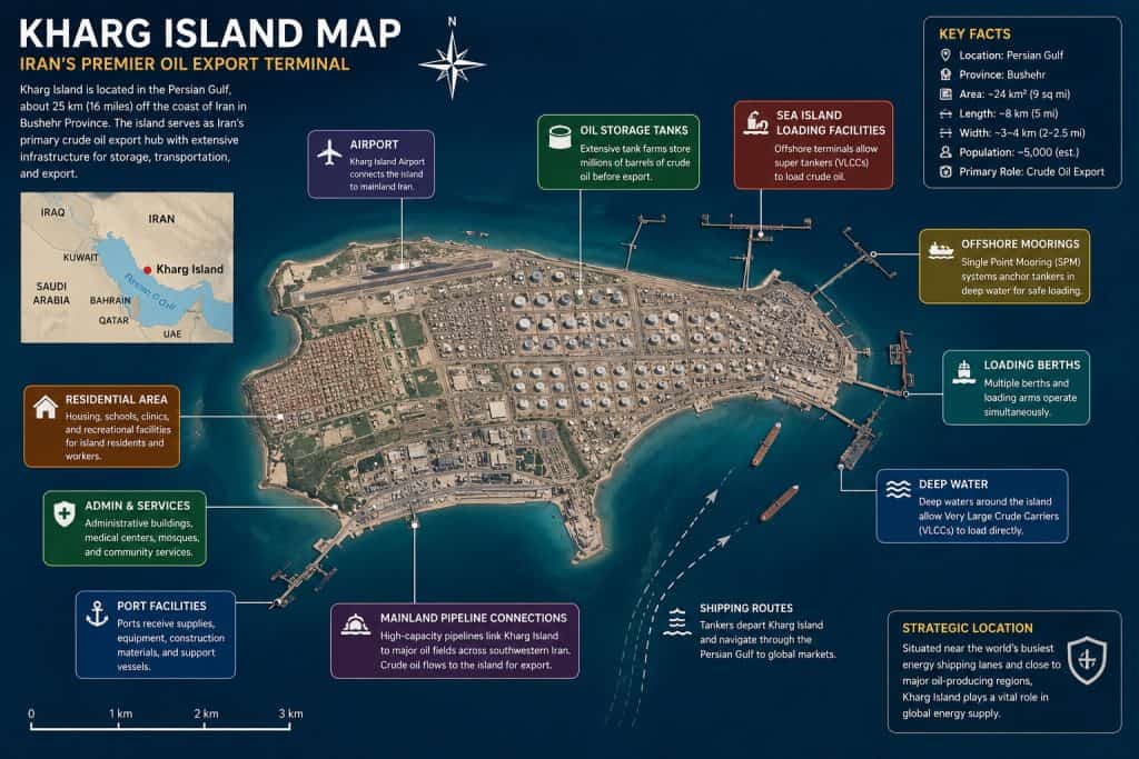 Detailed map of Kharg Island showing oil storage tanks, airport, loading terminals, port facilities and shipping routes