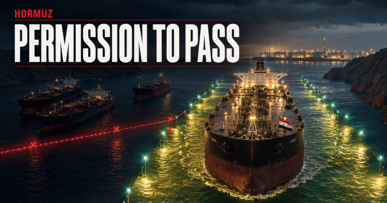 Iraqi oil tanker receives permission to pass through the Strait of Hormuz while other vessels remain blocked offshore.