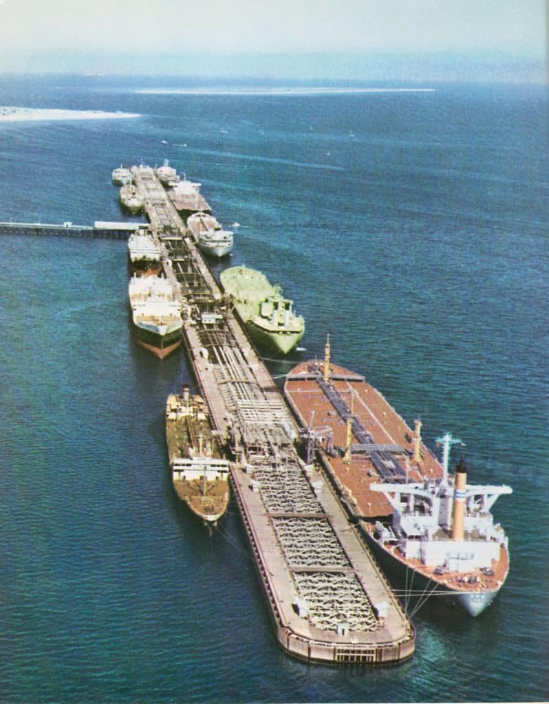 Large oil tankers loading at Kharg Island terminal in 1967
