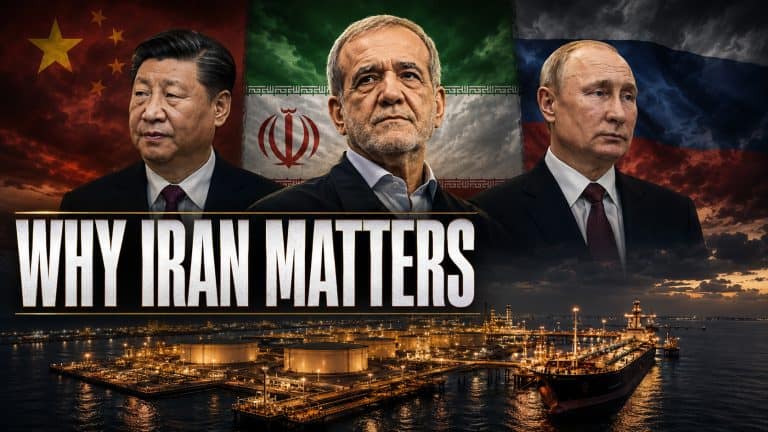 Iranian President Masoud Pezeshkian between Xi Jinping and Vladimir Putin above Kharg Island’s oil terminal